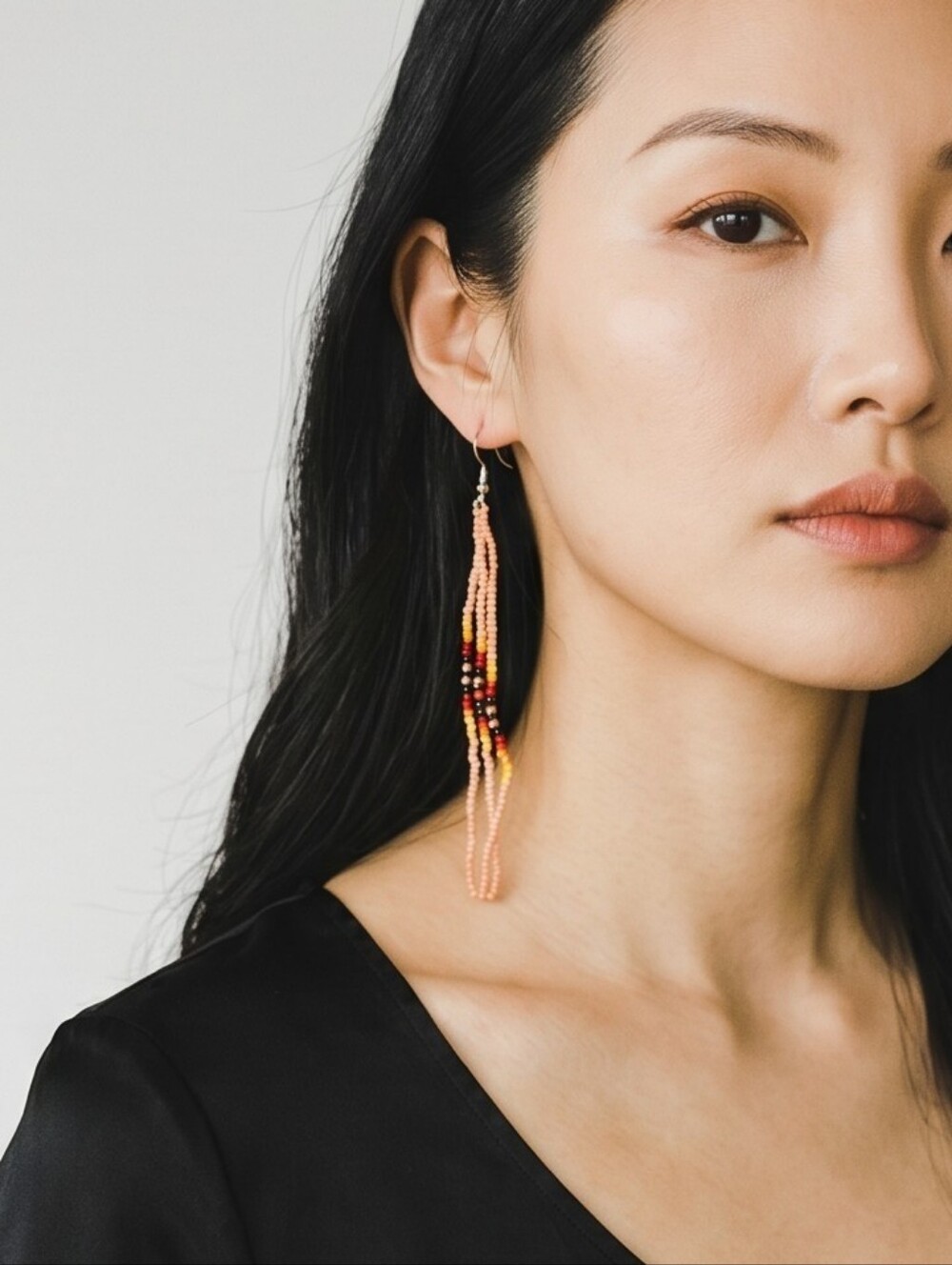 Peach Multicolor Beaded Tassel Earrings